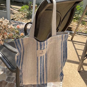 Large natural linen French style single layer market tote bag, heavy duty reusable linen shopping bag, linen shoulder bag for beach or gym.