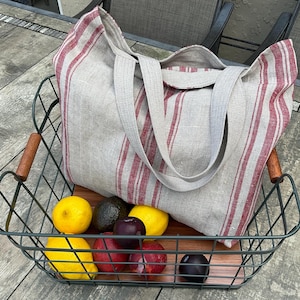 Large natural linen French style single layer market tote bag, heavy duty reusable linen shopping bag, linen shoulder bag for beach or gym.