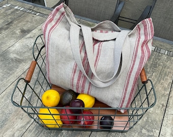 Large natural linen French style single layer market tote bag, heavy duty reusable linen shopping bag, linen shoulder bag for beach or gym.