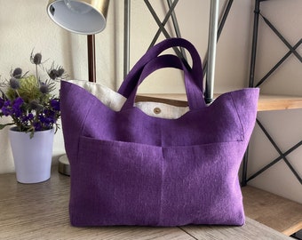 Linen tote bag, small tote bag, linen market bag, linen shopping bag, lunch bag, linen handbag, reusable linen bag, linen tote, purple bag