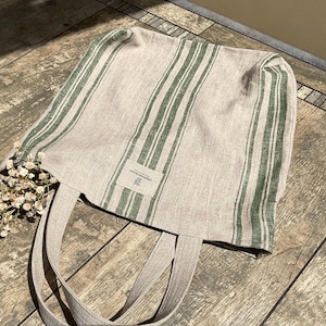 Large natural linen French style single layer market tote bag, heavy duty reusable linen shopping bag, linen shoulder bag for beach or gym.
