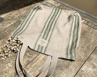 Large natural linen French style single layer market tote bag, heavy duty reusable linen shopping bag, linen shoulder bag for beach or gym.