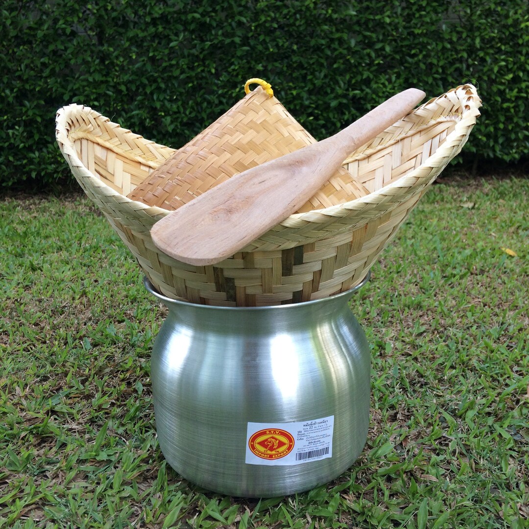 Set of Sticky Rice Steamer Pot Bamboo Basket With Lid Etsy