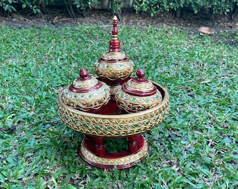 Wood Betel Nut Tray Set 4 Pieces Thai Handicraft