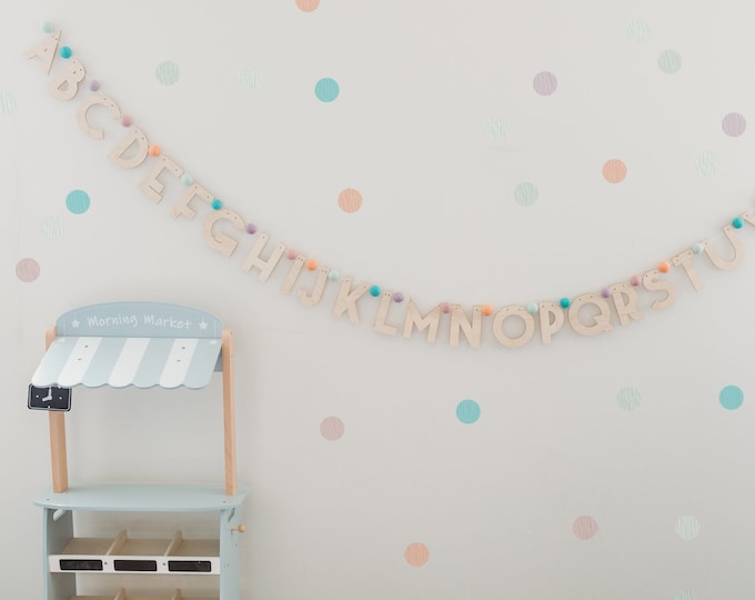 Alphabet Kids Decor Felt Ball Garland | Alphabet Playroom Decor | Rainbow Decor | Rainbow Playroom Decor | Wall Garland | Felt Ball Decor