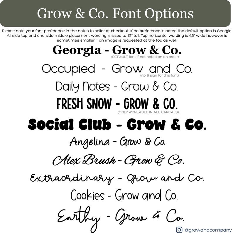 Puede incluir: Una lista de opciones de fuentes para Grow & Co. Las fuentes se muestran en texto negro sobre un fondo blanco. Las fuentes incluyen Georgia, Occupied, Daily Notes, FRESH SNOW, Social Club, Angelina, Alex Brush, Extraordinary, Cookies y Earthy.