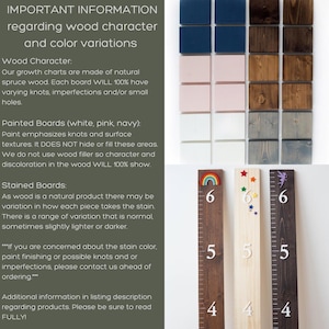 May include: A close-up of a wooden growth chart with three different designs. The chart is painted white, pink, and navy blue. The chart is made of natural spruce wood and has a range of variation in the stain color. The chart is 6 feet tall and has numbers from 4 to 6. The chart is perfect for tracking a child's growth.