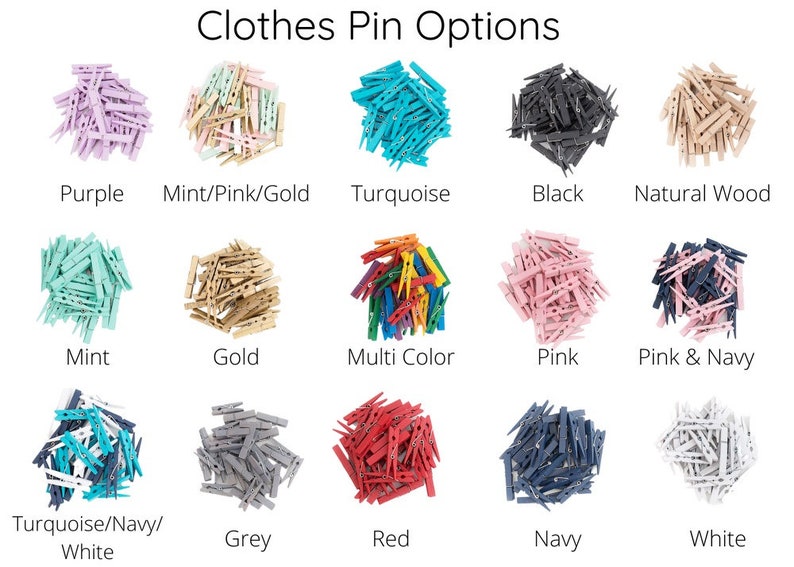 May include: Assortment of colourful wooden clothes pegs in various colours, including purple, mint, gold, turquoise, black, natural wood, pink, navy, grey, red, and white.