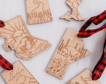 Canadian Province Ornaments | Alberta | Manitoba | British Columbia |  Wood Ornaments | Christmas Ornaments | Manitoba Gifts | Saskatchewan