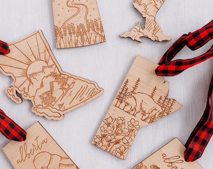 Canadian Province Ornaments | Alberta | Manitoba | British Columbia |  Wood Ornaments | Christmas Ornaments | Manitoba Gifts | Saskatchewan