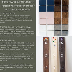 Puede incluir: Primer plano de tres tablas de crecimiento de madera con diferentes acabados y dise&ntilde;os de pintura. Las tablas est&aacute;n pintadas de blanco, rosa y azul marino. Las tablas est&aacute;n hechas de madera de abeto natural y tienen nudos, imperfecciones y peque&ntilde;os agujeros variables. Las tablas est&aacute;n te&ntilde;idas con una mancha de madera natural y pueden tener variaciones de color. Las tablas est&aacute;n etiquetadas con los n&uacute;meros 4, 5 y 6. Las tablas est&aacute;n decoradas con un arco&iacute;ris, estrellas y un hada.