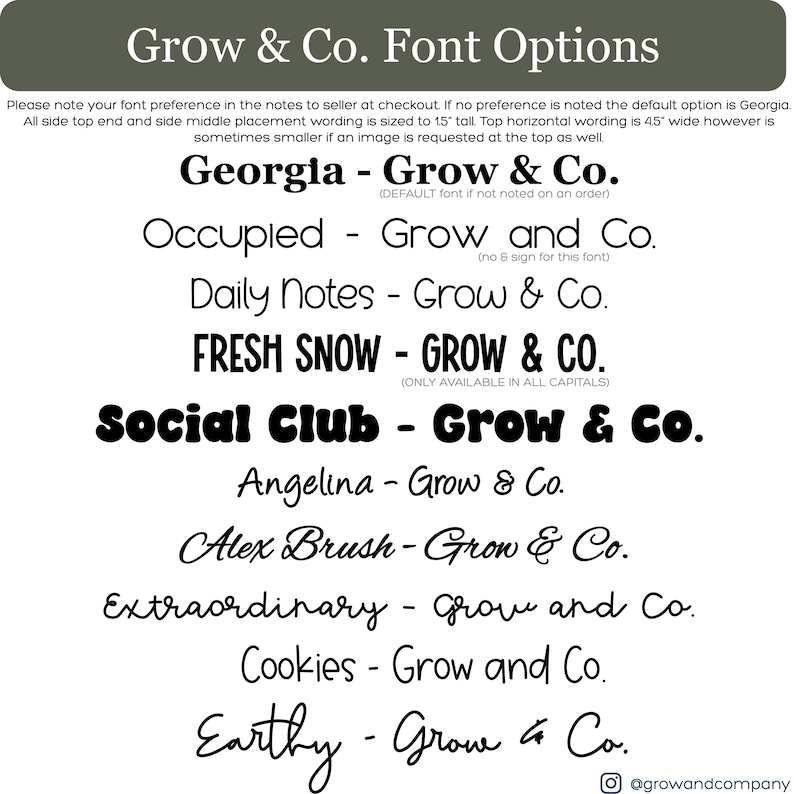 May include: A list of font options for Grow & Co. with the default font being Georgia. The fonts are listed with their names and a sample of the font in the text "Grow & Co.".