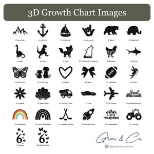 Pode incluir: Um gr&aacute;fico com 32 imagens 3D em preto e branco de v&aacute;rios objetos, incluindo uma montanha, uma &acirc;ncora, um barco &agrave; vela, um cora&ccedil;&atilde;o, um lobo, um galo, um tubar&atilde;o, uma borboleta, um gato e um c&atilde;o, um cora&ccedil;&atilde;o, um la&ccedil;o, uma bola de futebol, uma fada, uma flor, uma concha, um caminh&atilde;o basculante, um carro, um avi&atilde;o, um arco-&iacute;ris, um arco-&iacute;ris boho, tacos de h&oacute;quei, um foguete, uma flor selvagem, um trator, estrelas e borboletas. O gr&aacute;fico &eacute; intitulado "Imagens de gr&aacute;fico de crescimento 3D" e tem o texto "Grow & Co." e "@growandcompany" na parte inferior.