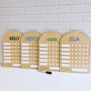 May include: Four wooden reward charts with the names Kelly, Weston, Hank, and Ella written in colorful letters. Each chart has a white space for a reward and a grid of white circles for tracking progress.