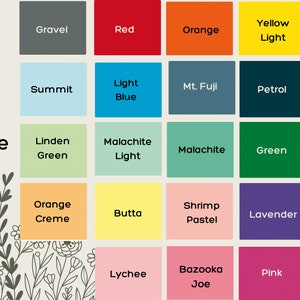 Pode incluir: Um gr&aacute;fico de 20 amostras de cores com nomes como Cascalho, Vermelho, Laranja, Luz Amarela, Azul Sinal, Cume, Azul Claro, Monte Fuji, Petr&oacute;leo, Nautilus, Verde Linden, Luz Malaquita, Malaquita, Verde, Verde Esmeralda, Creme Laranja, Butta, Pastel de Camar&atilde;o, Lavanda, Lil&aacute;s Claro, Lichia, Bazooka Joe, Rosa e Ouro.