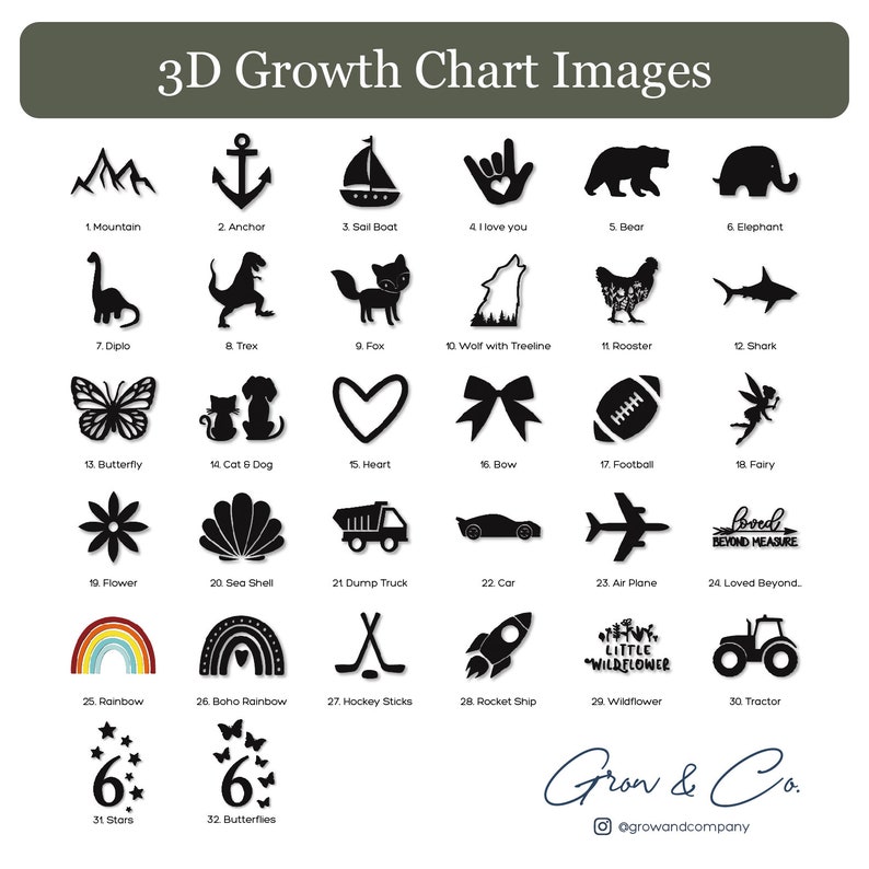Puede incluir: Un gr&aacute;fico con 32 im&aacute;genes en 3D en blanco y negro de varios objetos, incluyendo una monta&ntilde;a, un ancla, un velero, un coraz&oacute;n, un lobo, un gallo, un tibur&oacute;n, una mariposa, un gato y un perro, un coraz&oacute;n, un lazo, un bal&oacute;n de f&uacute;tbol, un hada, una flor, una concha, un cami&oacute;n de volteo, un coche, un avi&oacute;n, un arco&iacute;ris, un arco&iacute;ris boho, palos de hockey, una nave espacial, una flor silvestre, un tractor, estrellas y mariposas. El gr&aacute;fico est&aacute; titulado "Im&aacute;genes de gr&aacute;fico de crecimiento 3D" y tiene el texto "Grow & Co." y "@growandcompany" en la parte inferior.