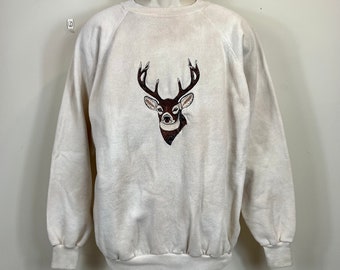 Vintage Sweatshirt Embroidered  Buck  Head  Off White Adult Large  Made in USA