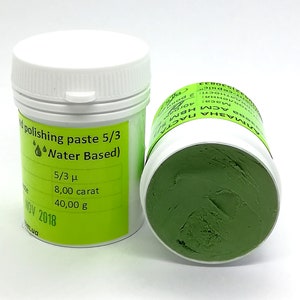 May include: A green polishing paste in a small white jar with a green label. The label reads "polishing paste 5/3 Water Based" and includes the measurements "5/3 μ, 8.00 carat, 40.00 g". The jar is labelled with the date "NOV 2018" and the website "m.ua".