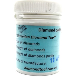 May include: A white plastic jar with a blue label that reads "Diamond polish "Ukrainian Diamond Tool" Size of diamonds Weight of diamonds Weight of diamonds paste Date of manufacture: 10 APR diamondtool.com.ua"