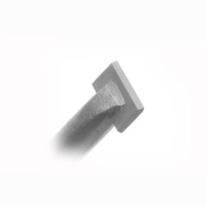 May include: A close-up, grayscale image of a metal object. The object has a cylindrical shaft and a square head. The metal appears to be brushed or textured. The background is plain white.