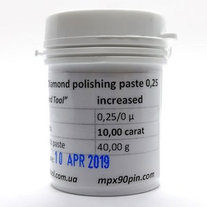 May include: White plastic jar with a black and white label that reads "Diamond polishing paste 0,25 increased and Tool" with the following information: 0,25/0 μ, 10,00 carat, 40,00 g, 10 APR 2019, bool.com.ua, mpx90pin.com