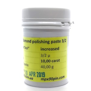 May include: A yellow label on a white jar reads "Diamond polishing paste 3/2 increased 3/2 μ 10,00 carat 40,00 g 10 APR 2019 mpx90pin.com".