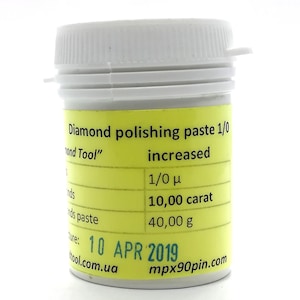 May include: A yellow label on a white jar reads "Diamond polishing paste 1/0 increased" with the following information: 1/0 μ, 10.00 carat, 40.00 g, 10 APR 2019, tool.com.ua, mpx90pin.com