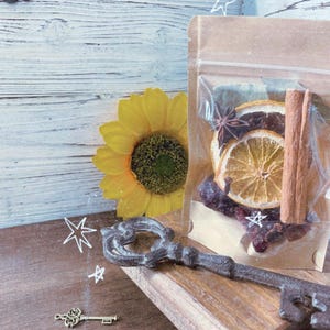 May include: A clear plastic bag filled with dried fruit, spices, and herbs. The bag is sitting on a wooden surface with a large key and a sunflower.