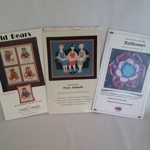 May include: Three vintage-style illustrations for quilting projects. The first shows four teddy bears in different poses. The second shows three women in dresses sitting on a couch. The third shows a large flower with a blue center and pink and red petals. The text "Elderberries Party Animals" and "Bew, not grow, your own Kafflower!" is visible.