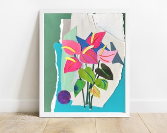 Anthuriums - Framed flower paper collage with free shipping | Floral wall art | Colorful botanical art | Abstract flower drawing | Flowers