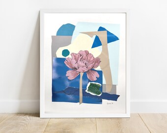 Pink flower - Framed flower paper collage with free shipping | Floral wall art | Modern botanical art | Colorful abstract flowers