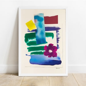 Violet flower collage painting, framed with white frame. Purple flower on colorful blue, green and yellow background with modern vibe. Simple flower collage with watercolor brushstrokes. Delivery is free, affordable modern art. Scandinavian home art.