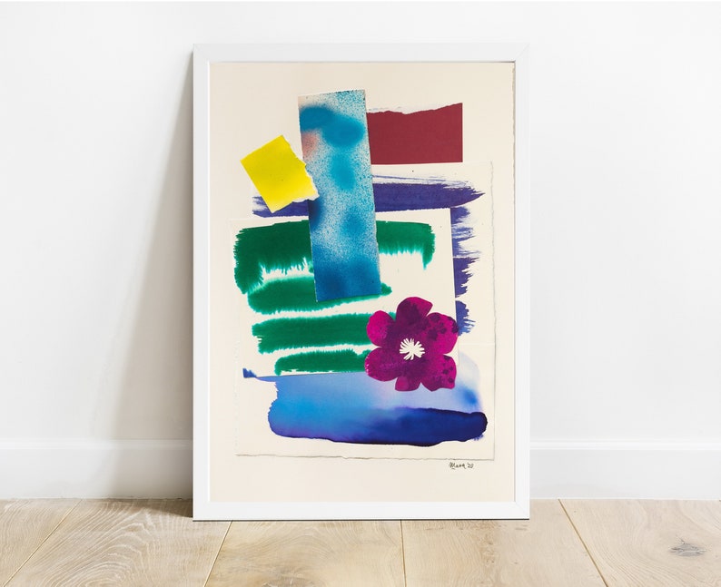 Violet flower collage painting, framed with white frame. Purple flower on colorful blue, green and yellow background with modern vibe. Simple flower collage with watercolor brushstrokes. Delivery is free, affordable modern art. Scandinavian home art.