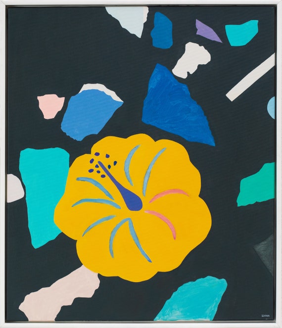 ハイビスカス - オリジナル キャンバス油絵、額入りアート、送料