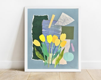 Yellow tulips - Framed flower paper collage with free shipping | Floral wall art | Colorful botanical art | Abstract flower drawing