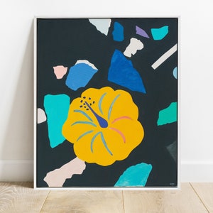 Hibiscus - Original oil on canvas painting, framed art, free shipping | Abstract floral painting | Yellow flower art | Modern botanical art