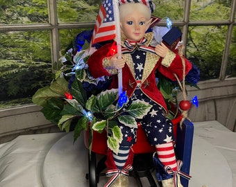 Patriotic theme, USA flag, red wagon, patriotic centerpiece, God Bless America, red white and blue, July 4th