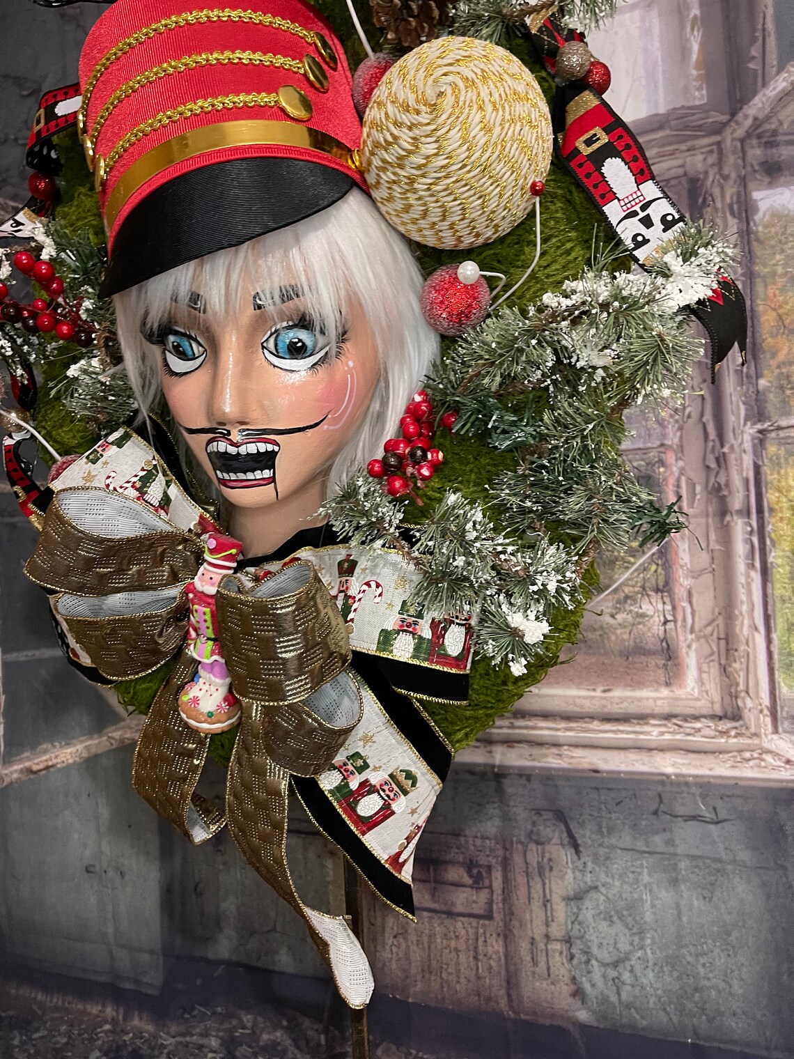 Nutcracker Moss Wreath Hand Painted Mannequin Head Moss Etsy