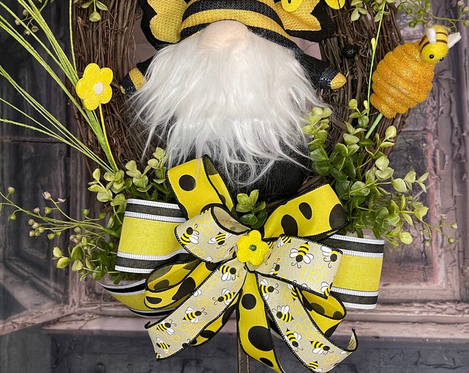 Featured listing image: Bee gnome, grapevine wreath, bee theme wreath, whimsical bee, honeybee wreath, honeycomb wreath