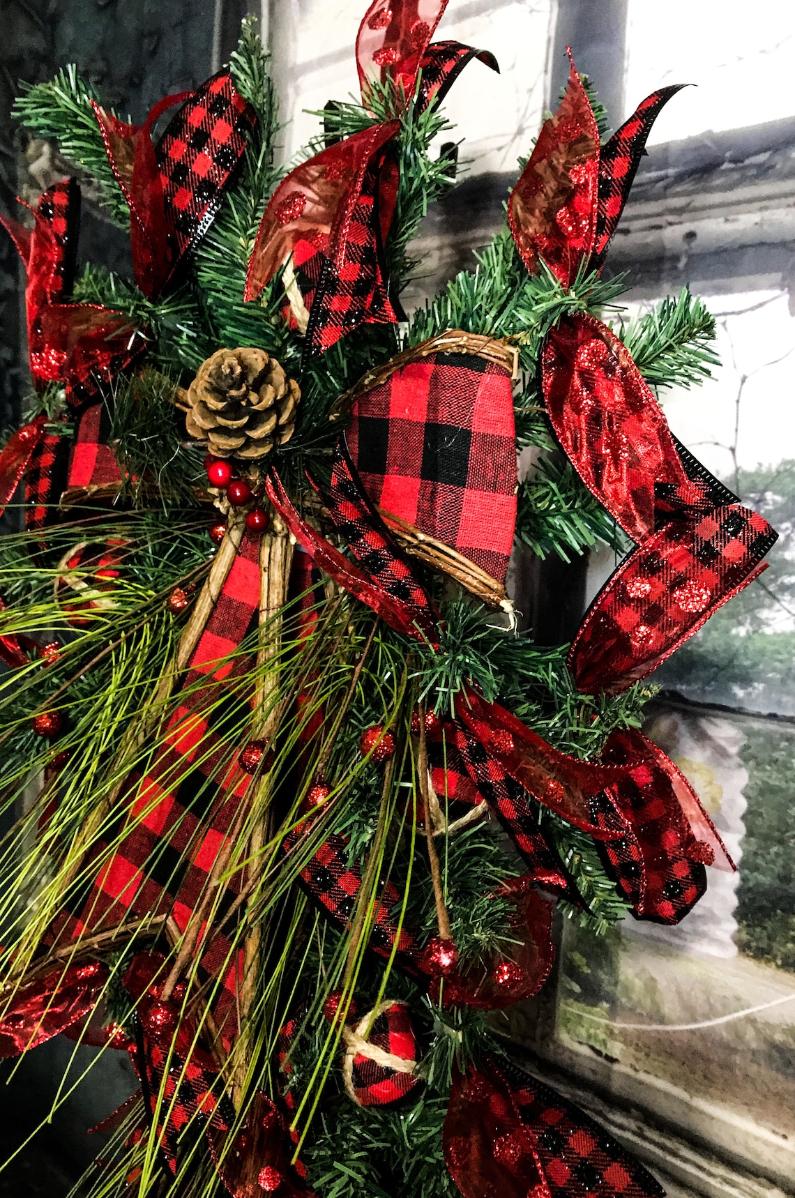 Christmas Wreath Red and Black Plaid Buffalo Plaid Swag | Etsy