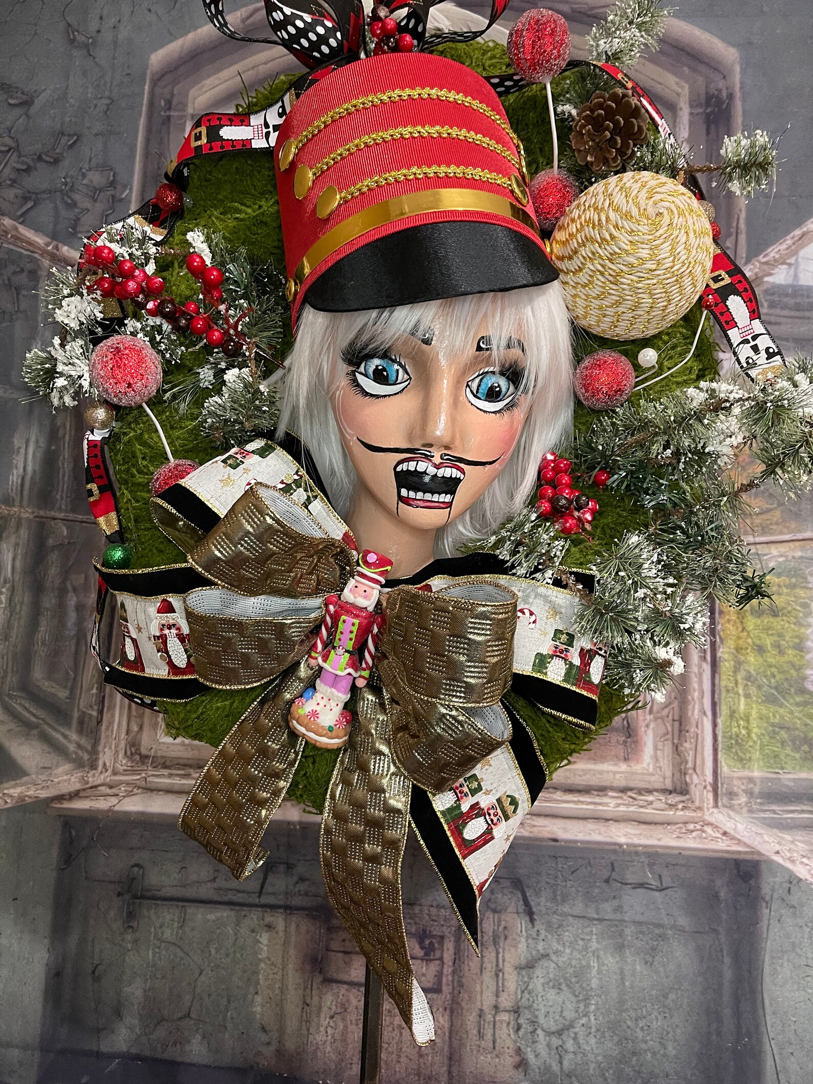 Nutcracker Moss Wreath Hand Painted Mannequin Head Moss Etsy