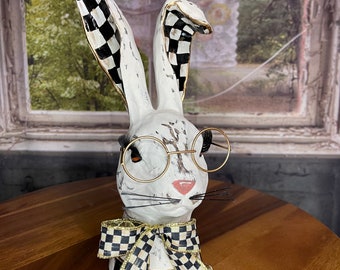 Easter bunny rabbit, black and white, check design, Easter centerpiece, rabbit decor, bunny decor