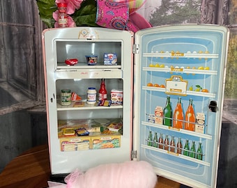 Vintage refrigerator, toy kitchen display, baker centerpiece,