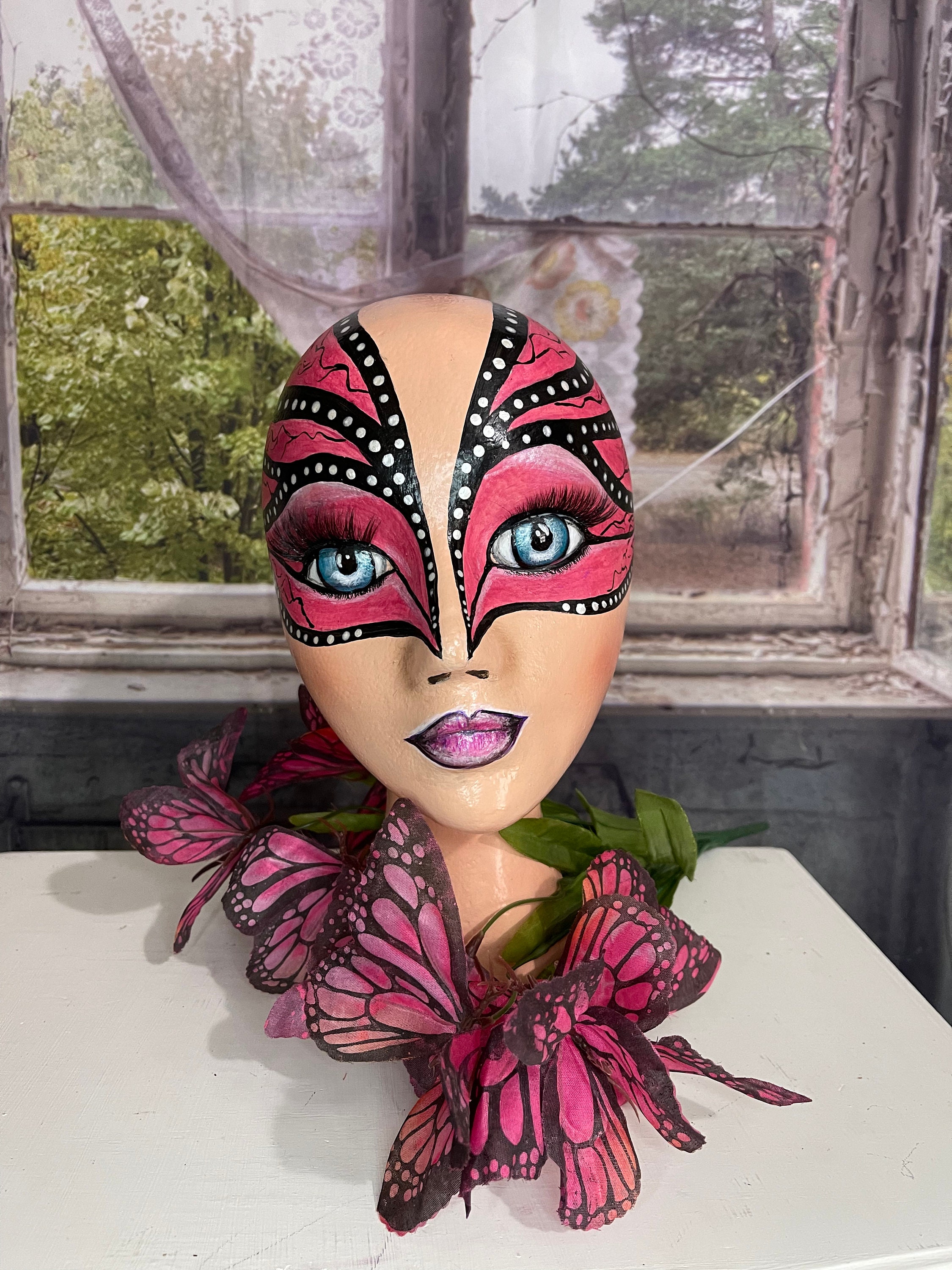 Mannequin head, styrofoam head, butterfly theme, butterfly centerpiece,  butterflies centerpiece, hand painted mannequin