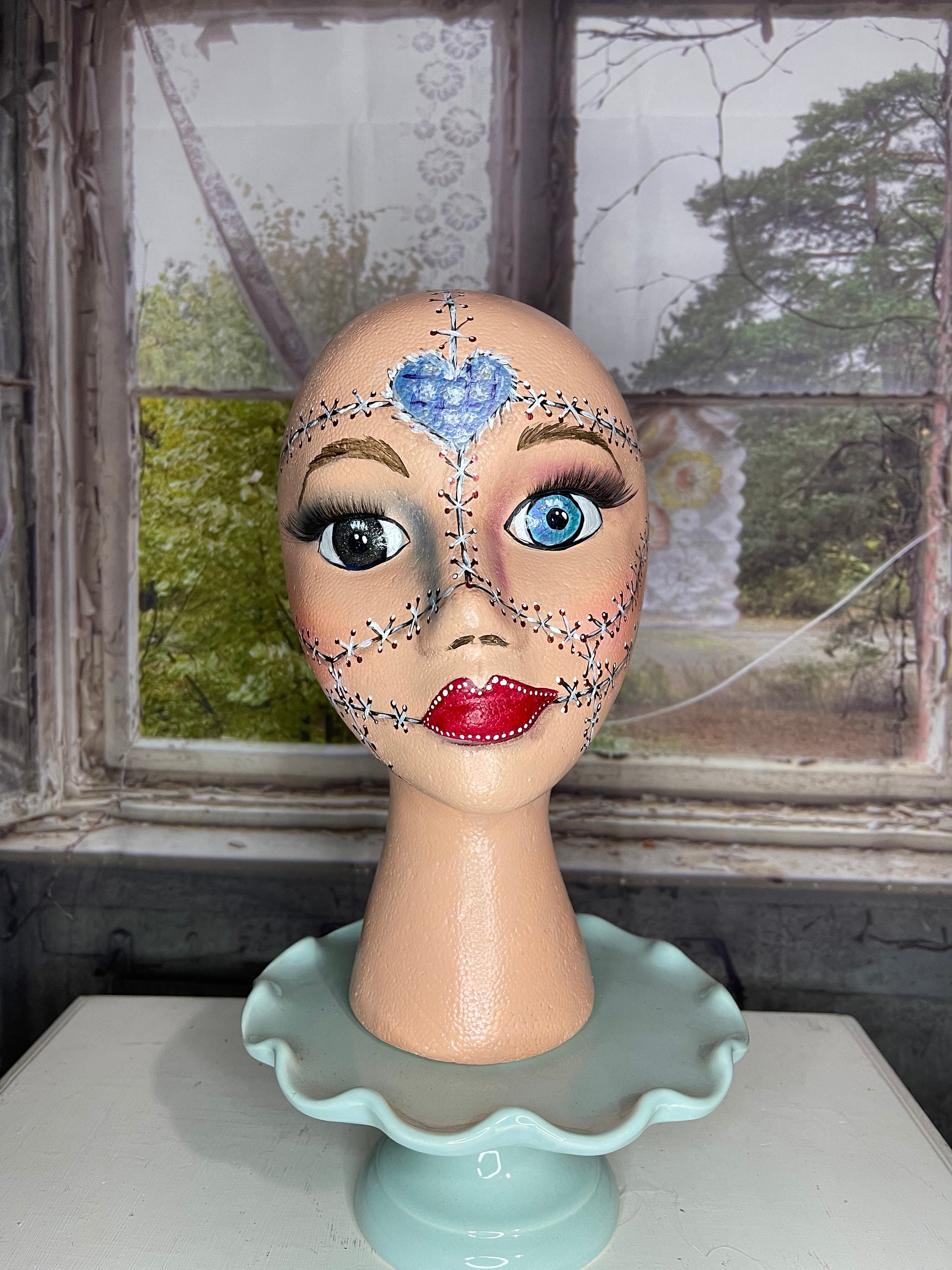 Halloween mannequin head, hand painted styrofoam head, wig form, whimsical  Halloween centerpiece, Halloween decor