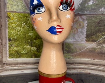 Mannequin head, hand painted, patriotic, centerpiece, party centerpiece, display mannequin 4th July theme, styrofoam head