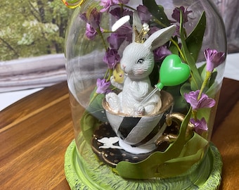 Easter bunny rabbit, teacup bunny, black and white check, Easter centerpiece, tray Easter display