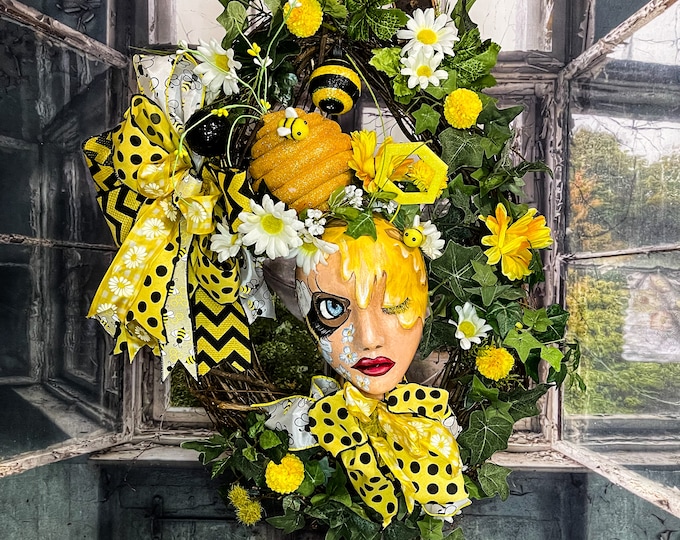 Featured listing image: Bee collection, Bee wreath, beehive wreath, bee grapevine wreath, bee mannequin head wreath, hand painted mannequin head