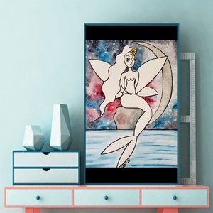 The Mermaid & The Moon 2020 ,Watercolor and Acrylics on Paper, Fairy Art, Fairy Painting, Mermaid Painting, Mermaid Original Art, Moonlight