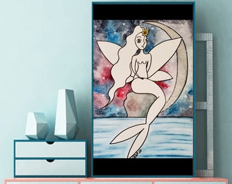 人魚の絵画 人魚と満月 オリジナル絵画 10 x 10 インチ - Etsy 日本